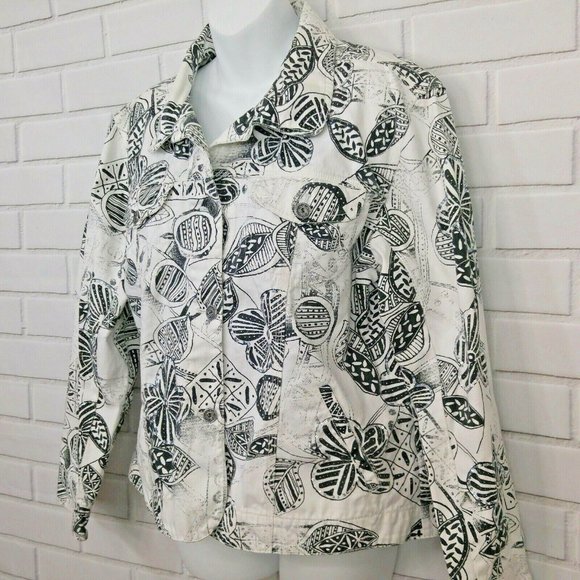 Chicos Black White Jean Jacket Denim Sequined Size 2 Abstract Floral Graphic - Picture 3 of 11